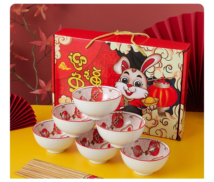 Rabbit Year Ceramic Bowl Gift Set 4.5inch Rabbit Bowls with Chopsticks for Chinese New Year OEM Logo