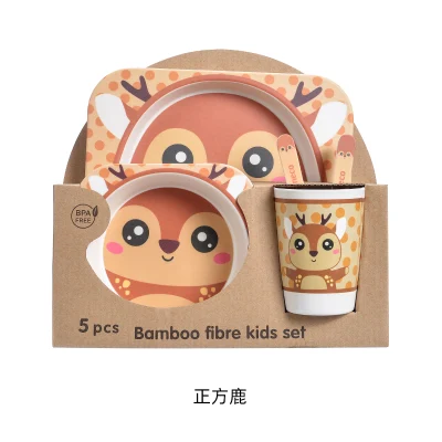 Wholesale BPA Free 5PCS Bamboo Fiber Melamine Kids Plate Set Baby Dinnerware Set