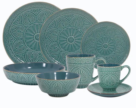 Hot Sale Floral Embossed Solid Color Ceramic Dinnerware with Metallic Color Rim