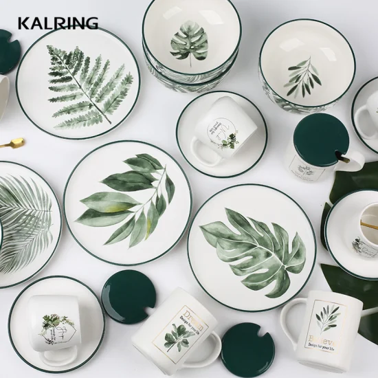 Kalring Ceramic Bowl Green Plants Design Color Rim Size 6